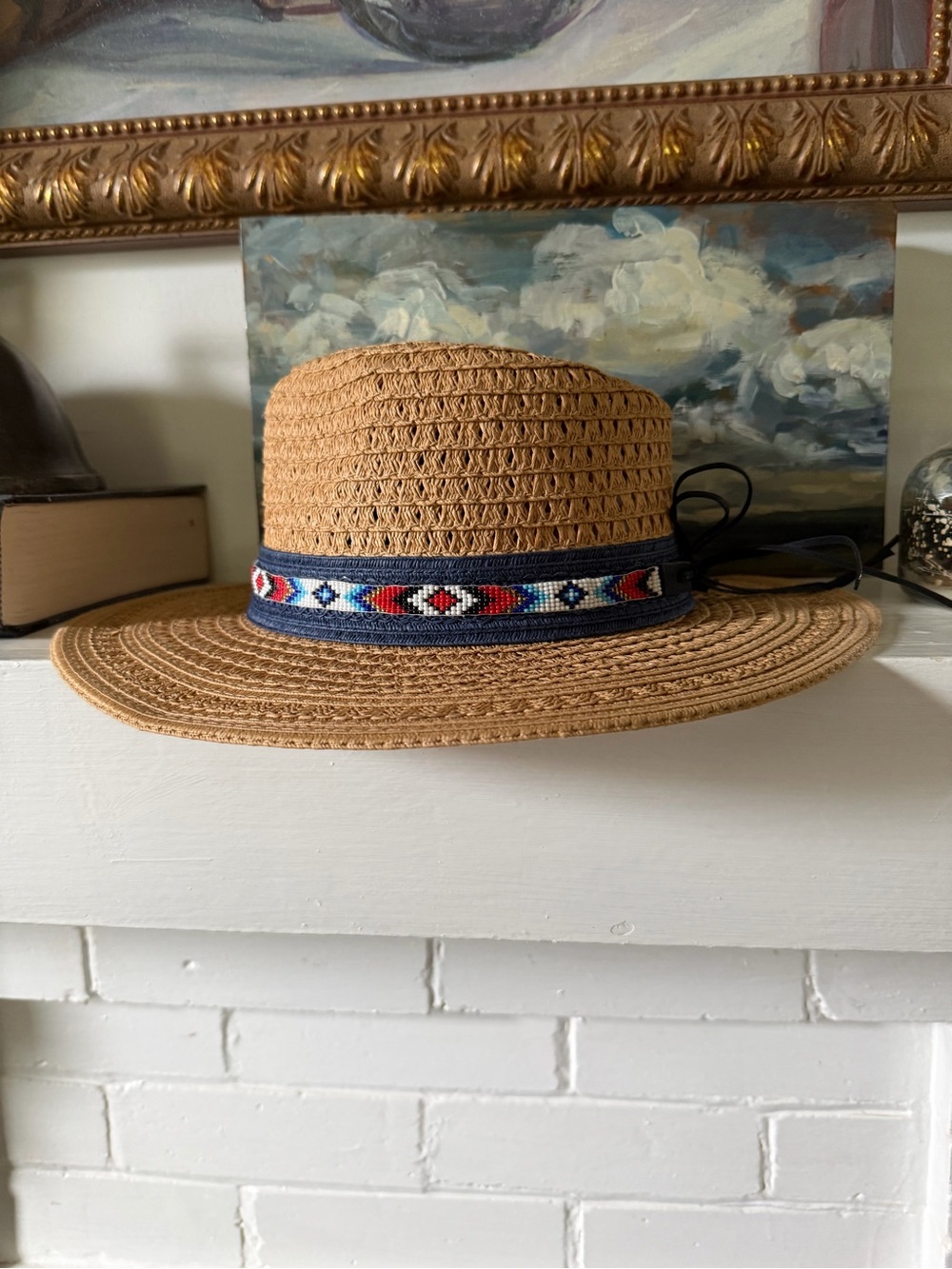 Woven Sun Hat with Beaded Band and Navy Band